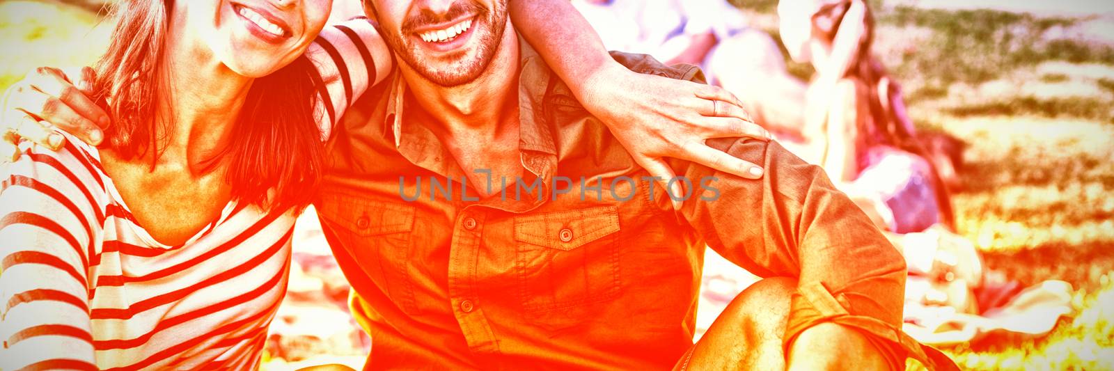 Portrait of happy couple sitting in the park on a sunny day