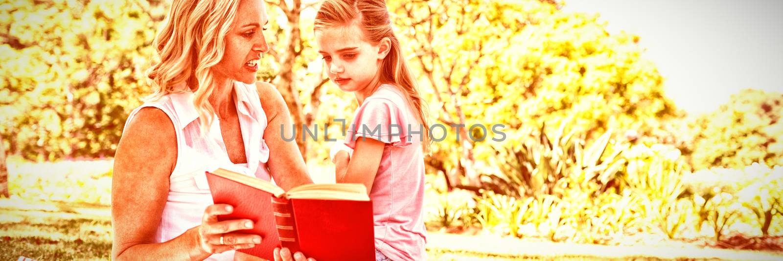 Mother and daughter reading novel in park on a sunny day