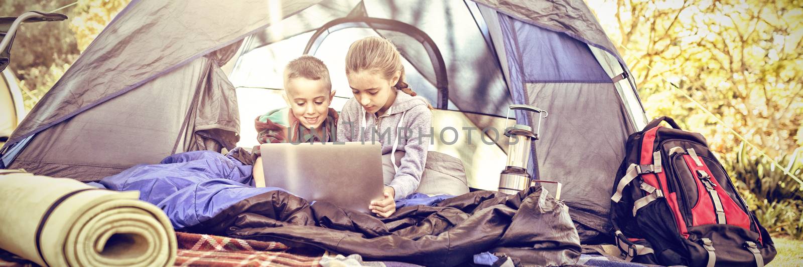 Kids using laptop in the tent at campsite
