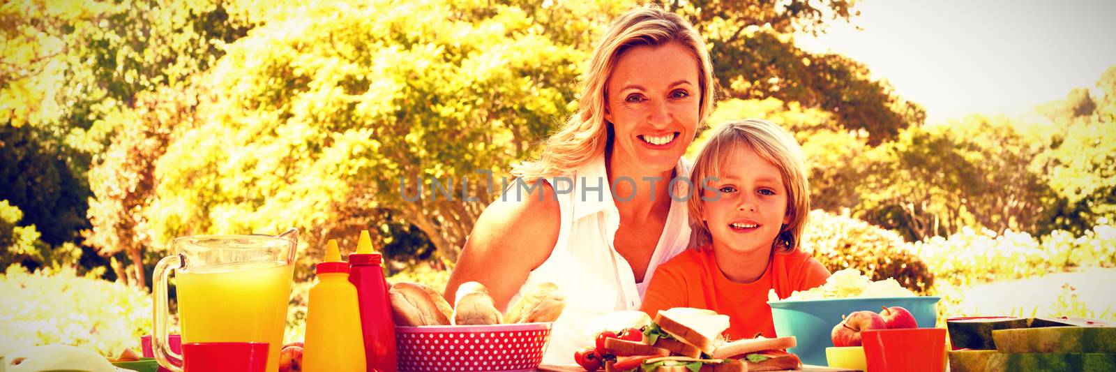 Portrait of happy mother and son having meal in park on a sunny day