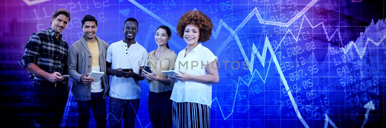 Composite image of portrait of smiling business people holding technology by Wavebreakmedia