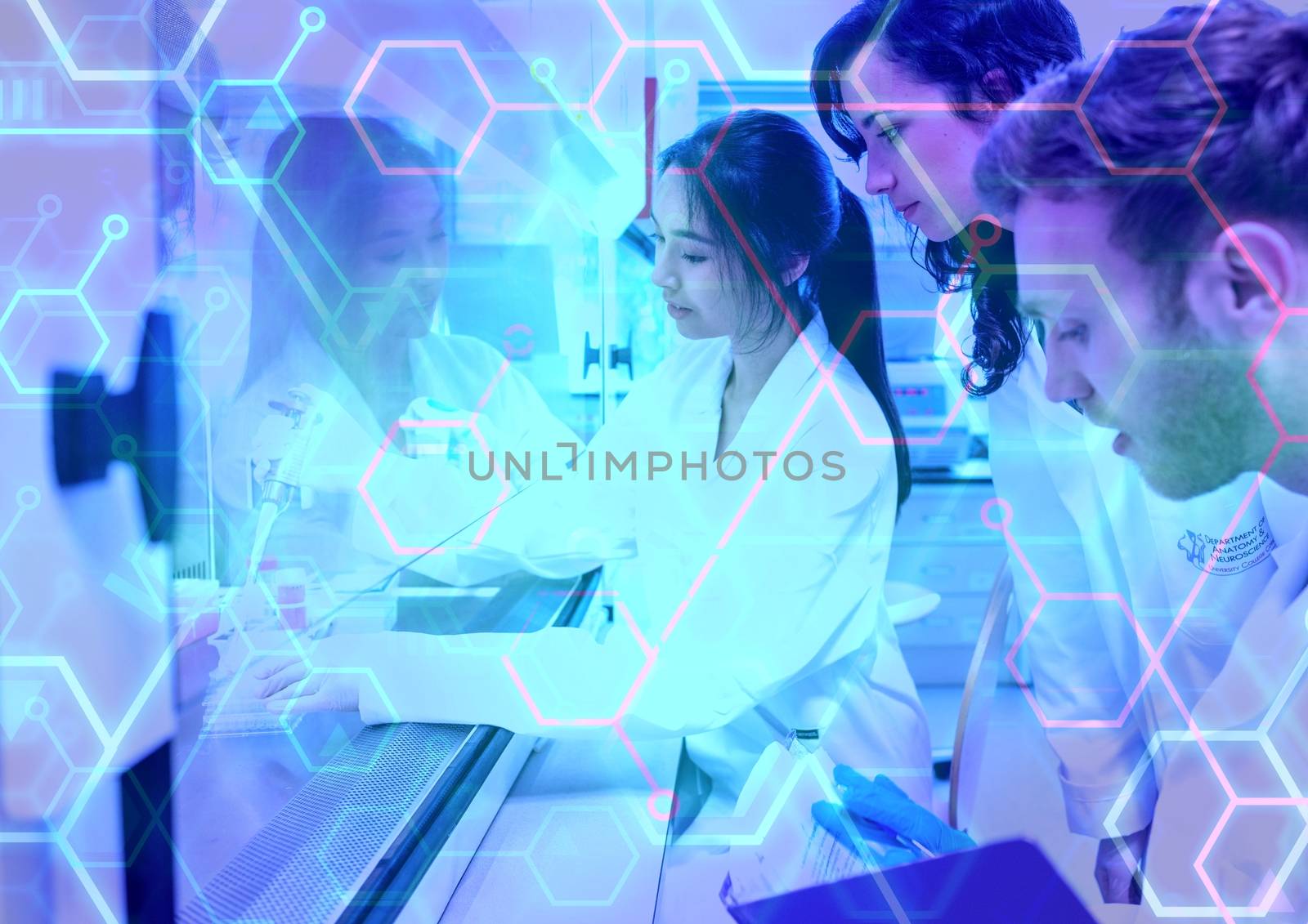 Science Composition sci0918jf Science Students in the laboratory and abstract hexagons with neon acc by Wavebreakmedia