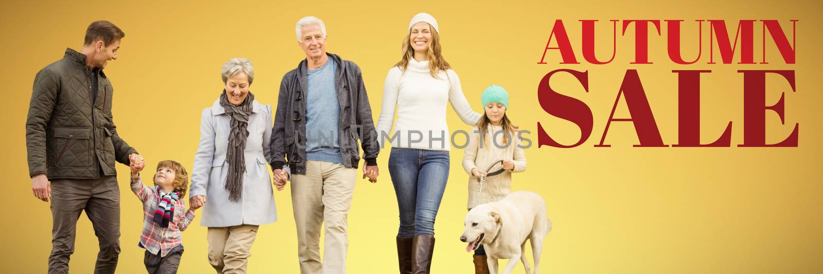 Happy family walking with their dog against abstract yellow background
