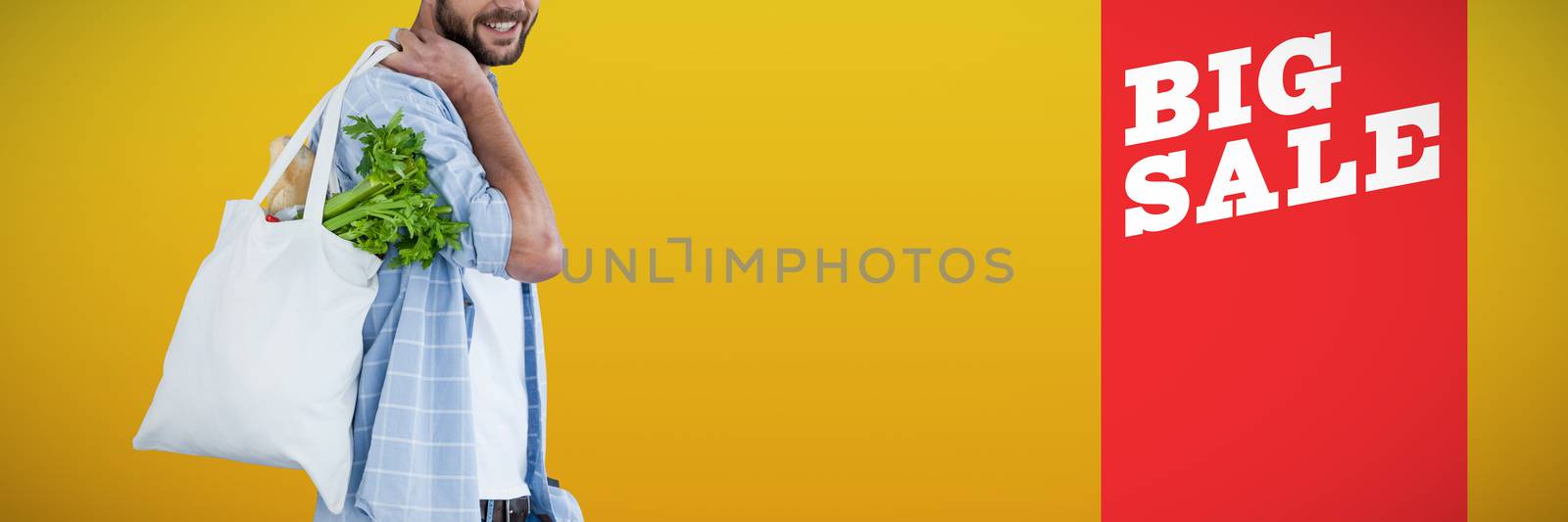 Composite image of portrait of man carrying vegetables in shopping bag by Wavebreakmedia