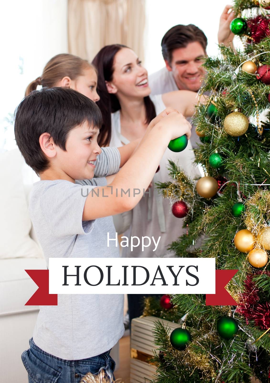 Digital composite of Happy Holidays text with family decorating tree