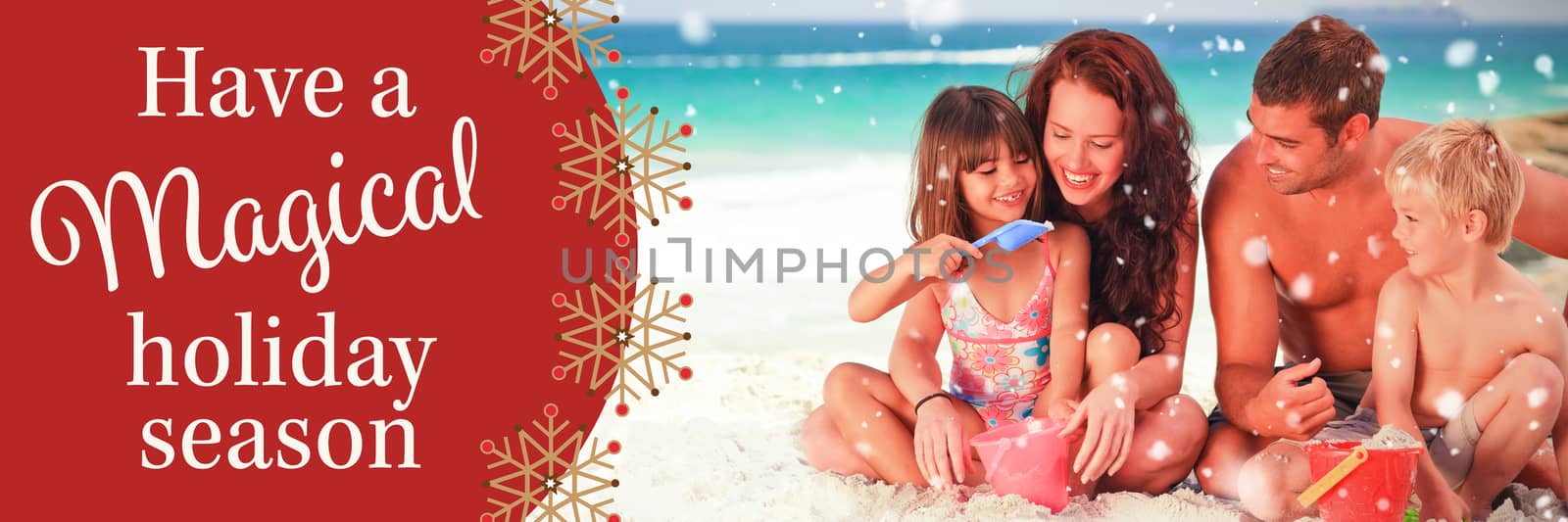 Portrait of a family at the beach against white and red greetings card