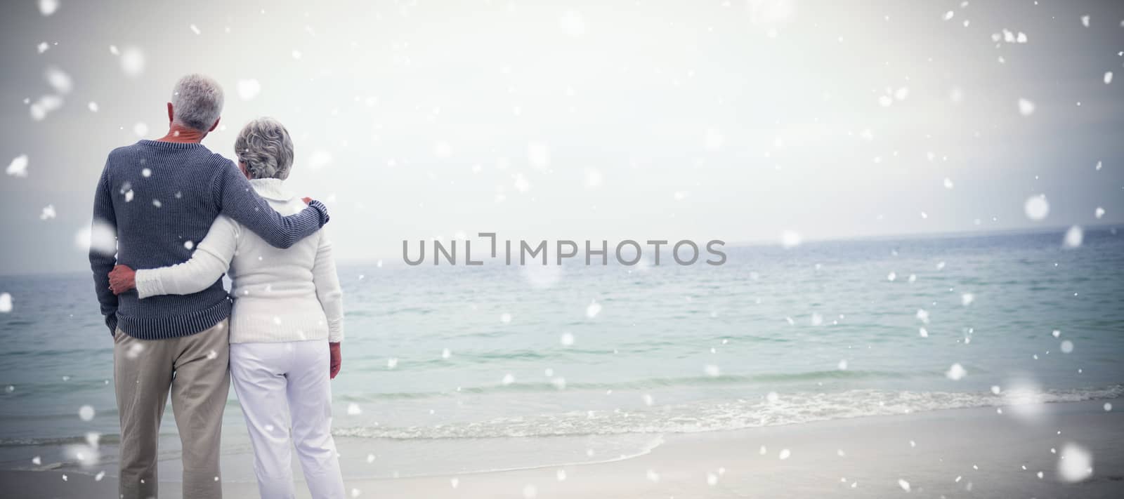 Snow falling against rear view of senior couple embracing at beach