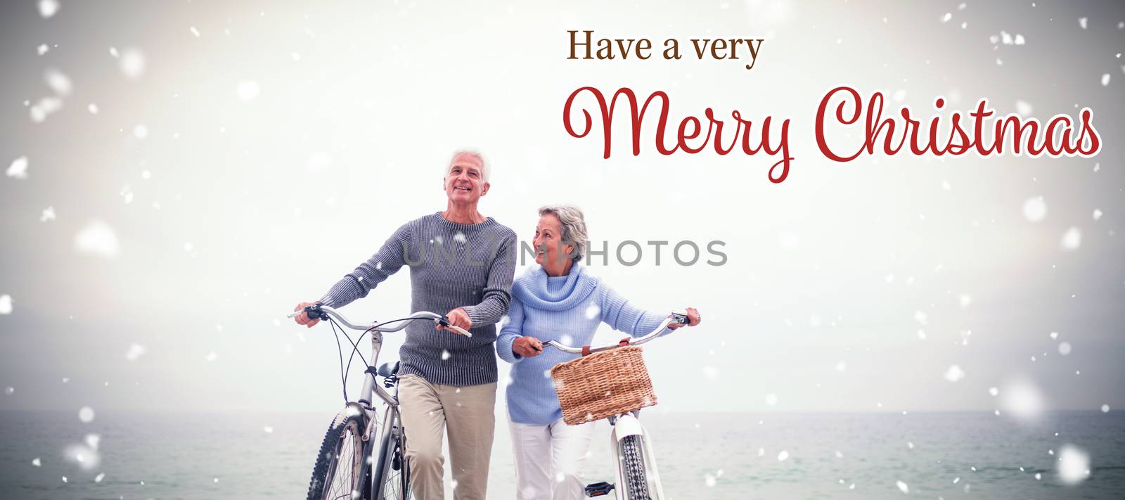 Christmas card against senior couple with their bicycles