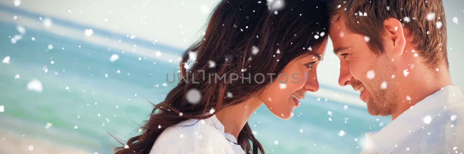 Attractive couple embracing on the beach  against snow falling