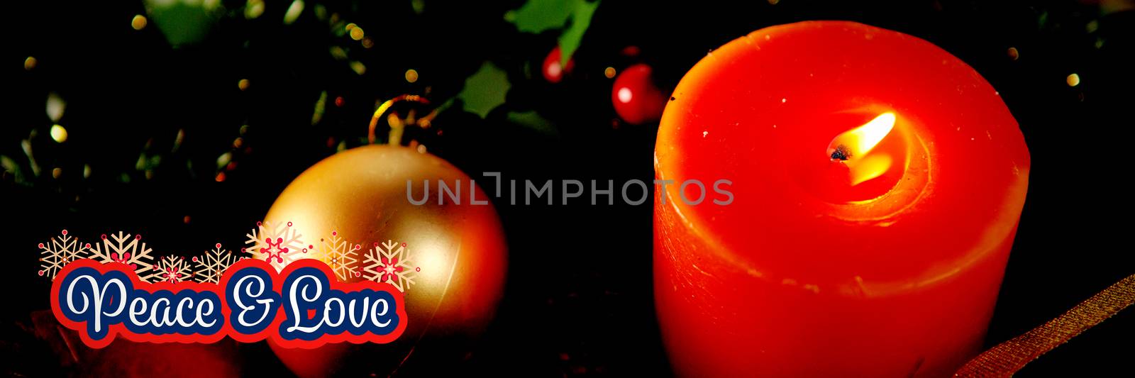 Peaceful message against christmas red circle candles with gold ball
