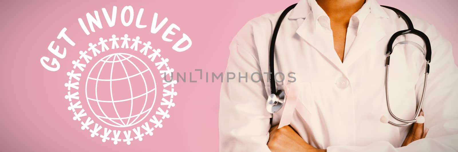 Get involved text with globe and human representations against arms crossed nurse wearing breast cancer pink ribbon arms crossed nurse wearing breast cancer pink ribbon on a pink background