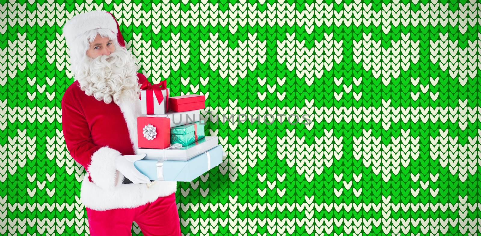 Father christmas holding many gifts  against knitting christmas vector background hearts