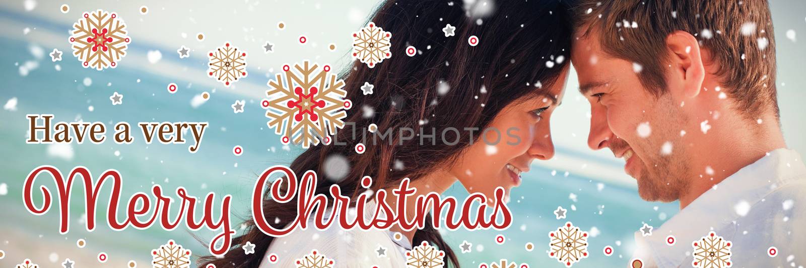 Attractive couple embracing on the beach  against christmas card