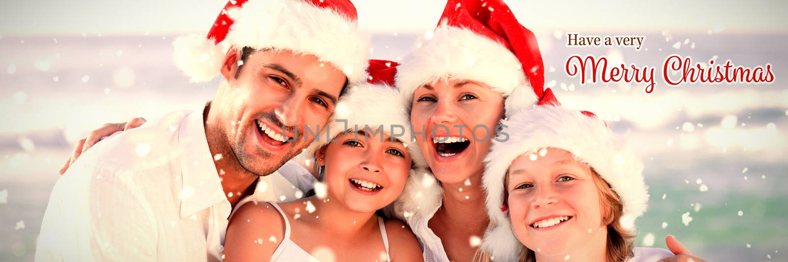 Family during Christmas day at the beach against christmas card