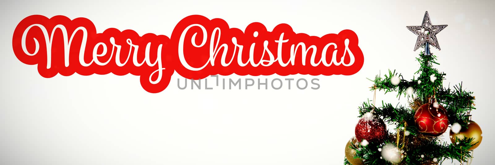 White and red greeting card against christmas star in tree against white background