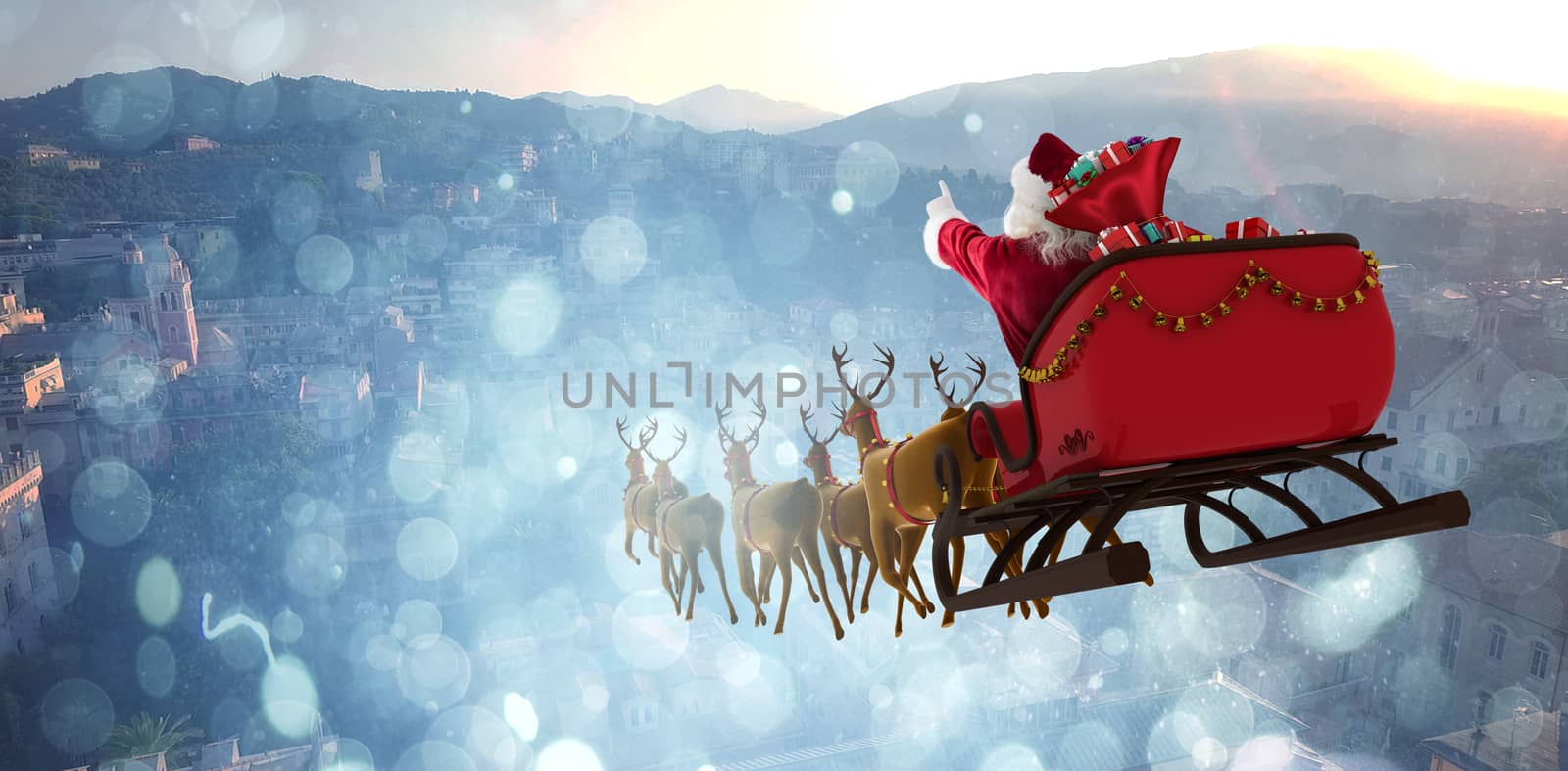 Santa Claus riding on sleigh with gift box against city landscape