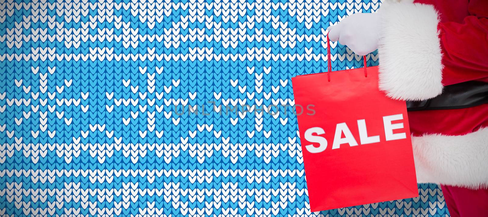 Santa claus holding sale bag  against knitting christmas vector background snowflakes