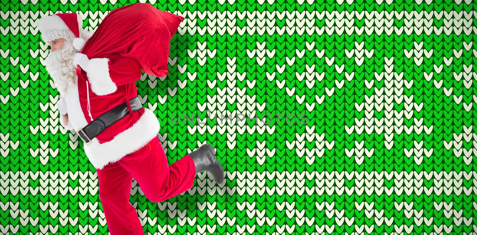 Santa claus walking with a sack against white and green pattern