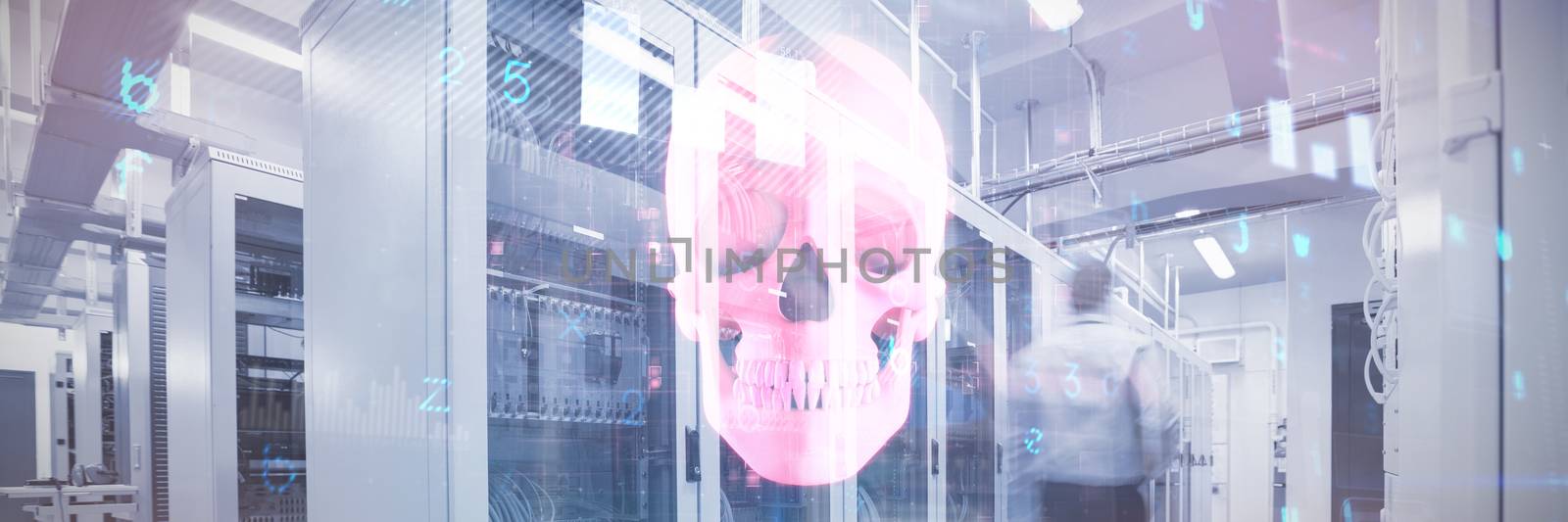 Virus background against close up of pink human skull