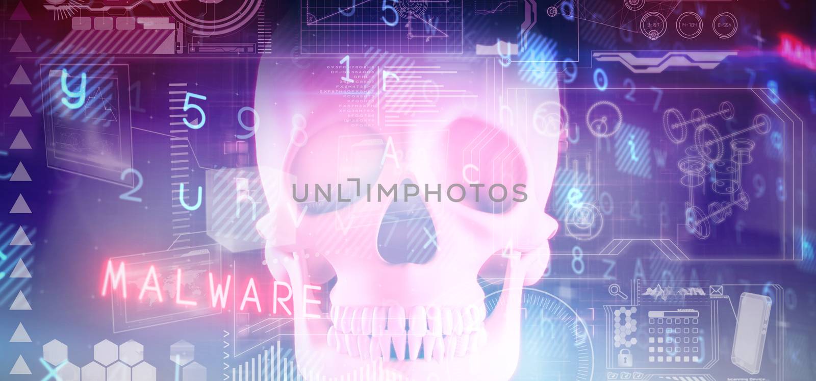 Virus background against close up of pink human skull