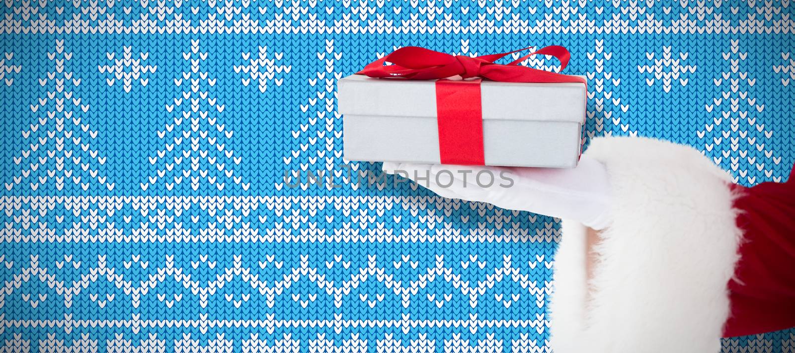 Santa claus showing gift with red ribbon against knitting christmas vector background christmas tree