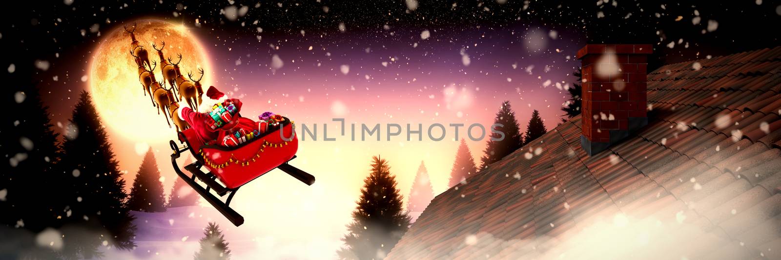 Snow falling against full moon over snowy landscape and house
