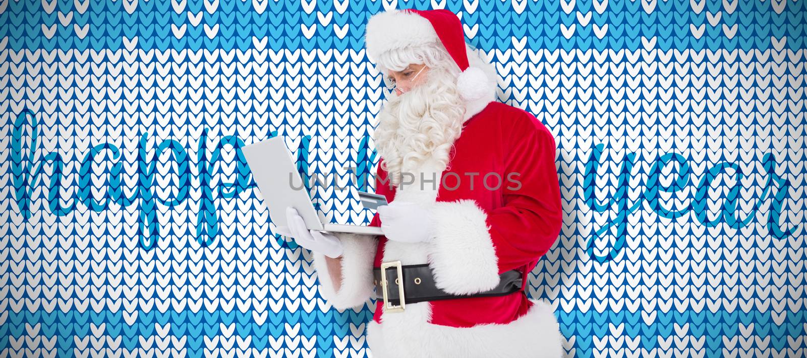 Santa claus shopping online with laptop  against knitting christmas vector background happy new year