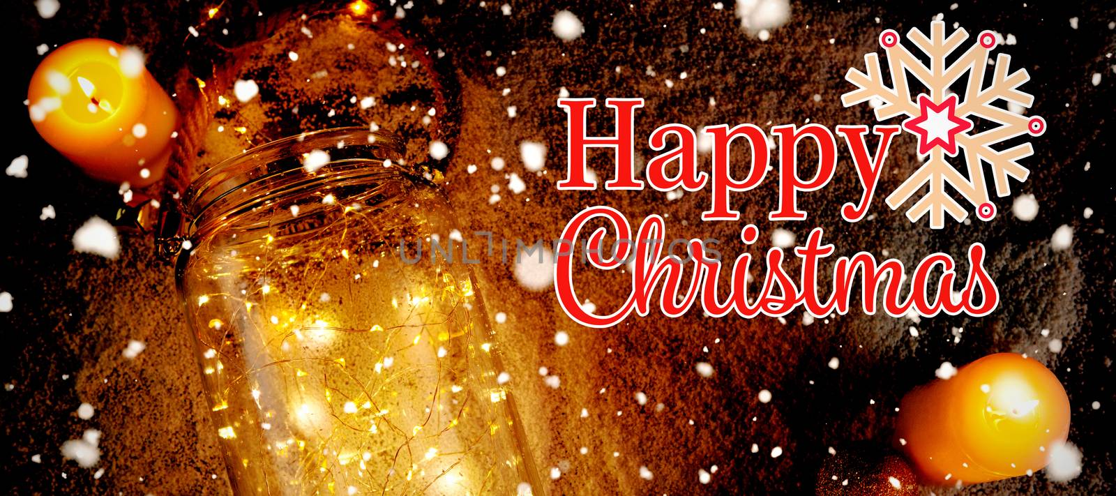 Christmas card against yellow candles and smooth christmas lights