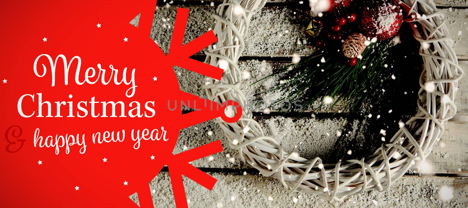 White and red greetings card against simple christmas crown in the snow