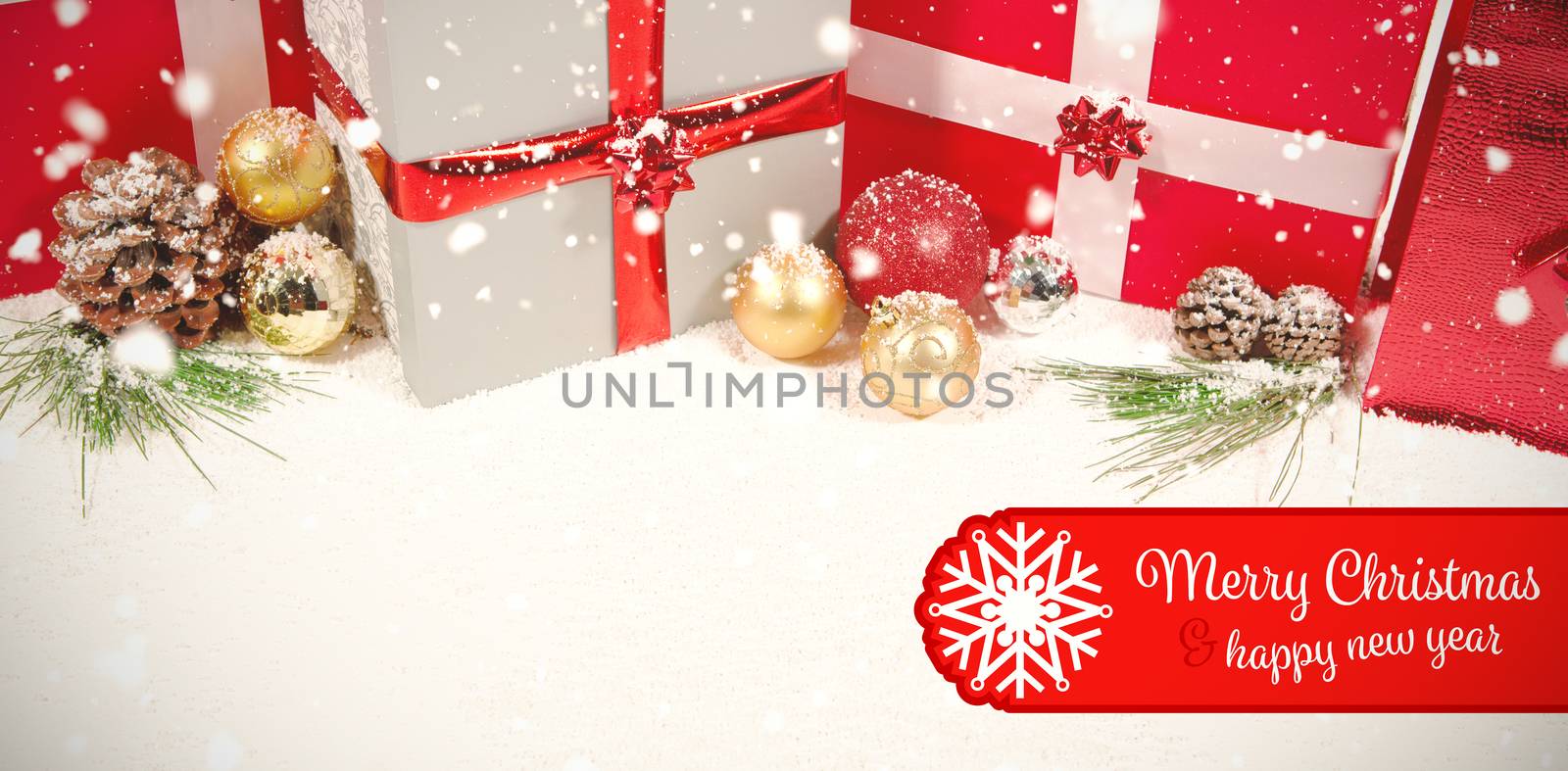 Banner Merry Christmas against colorful christmas decorations in snow