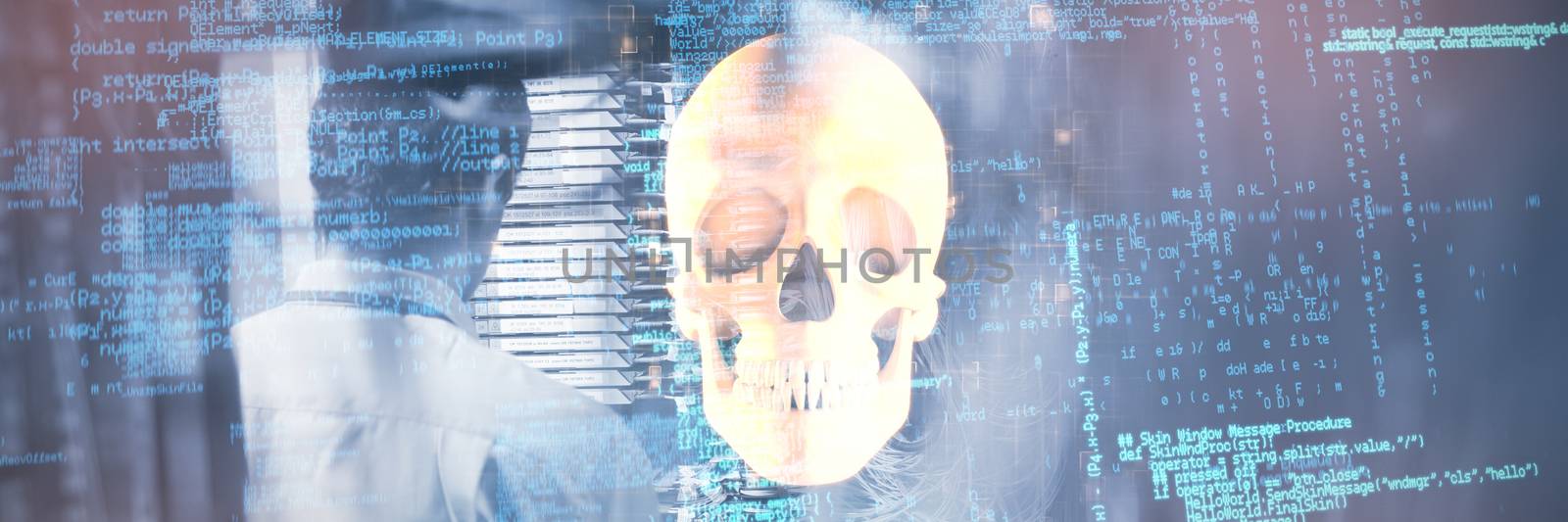 Blue data against orange human skull