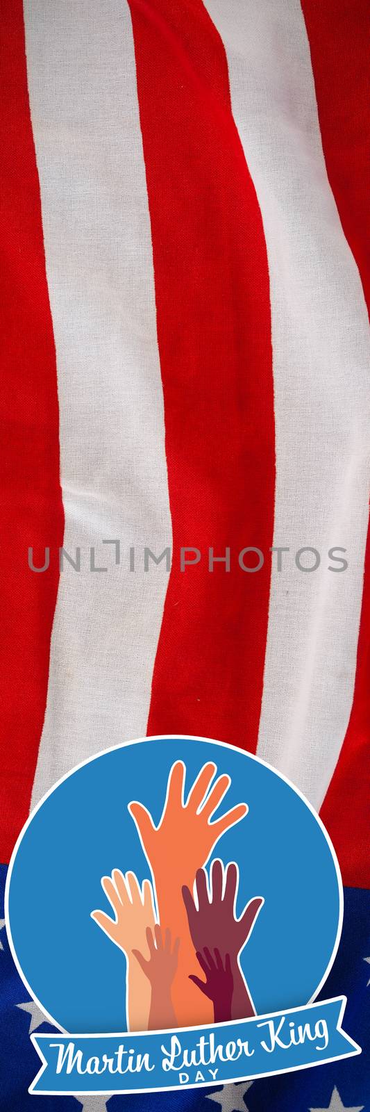 Martin Luther king day with hands against american flag on a wooden table