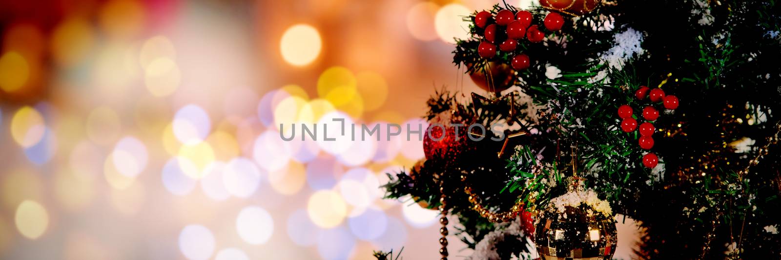 Christmas yellow circle lights against close-up of christmas tree against white background