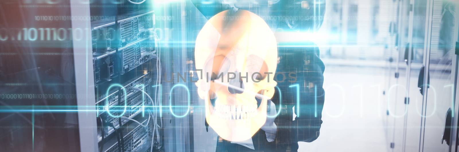 Orange human skull against blue technology design with binary code