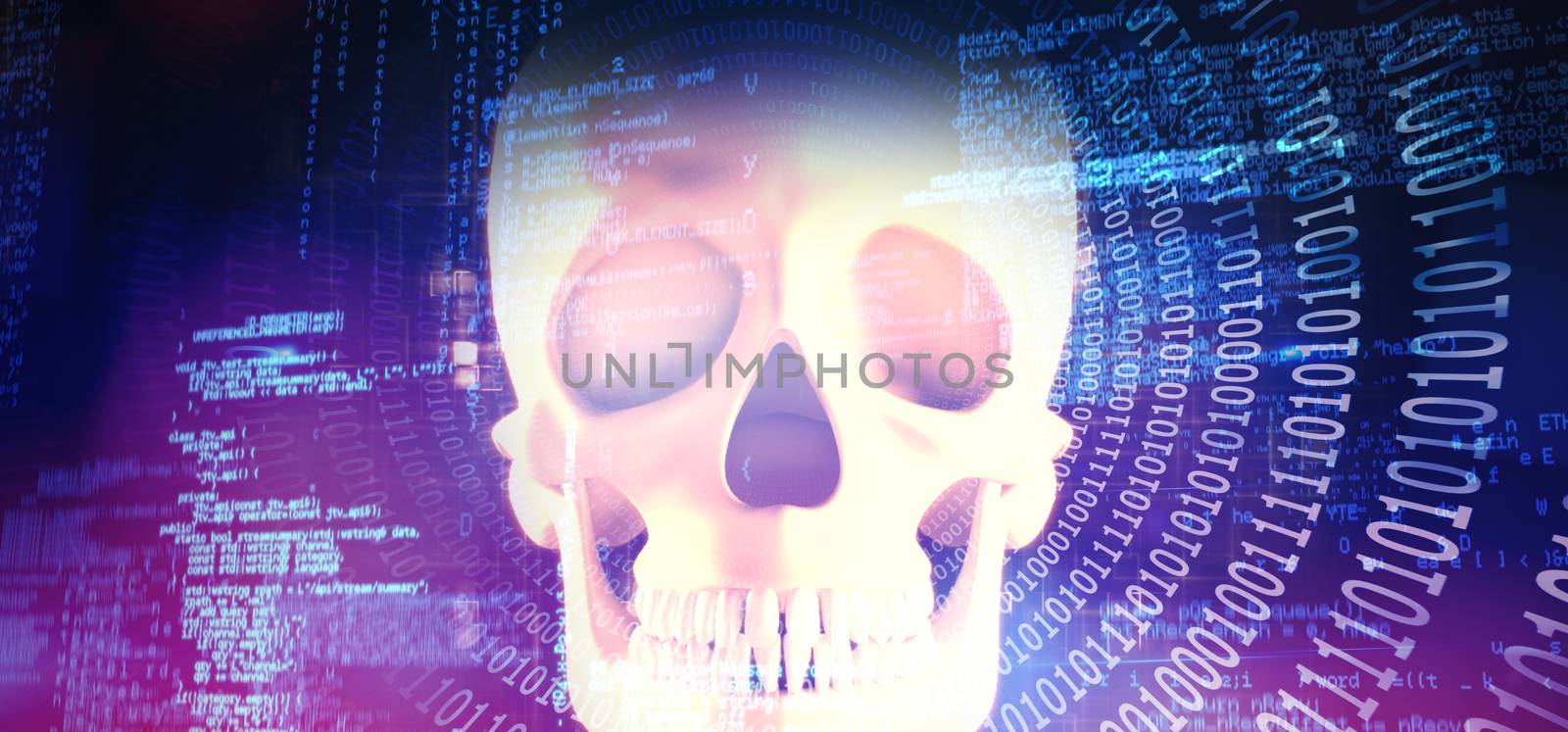 Blue codes against orange human skull