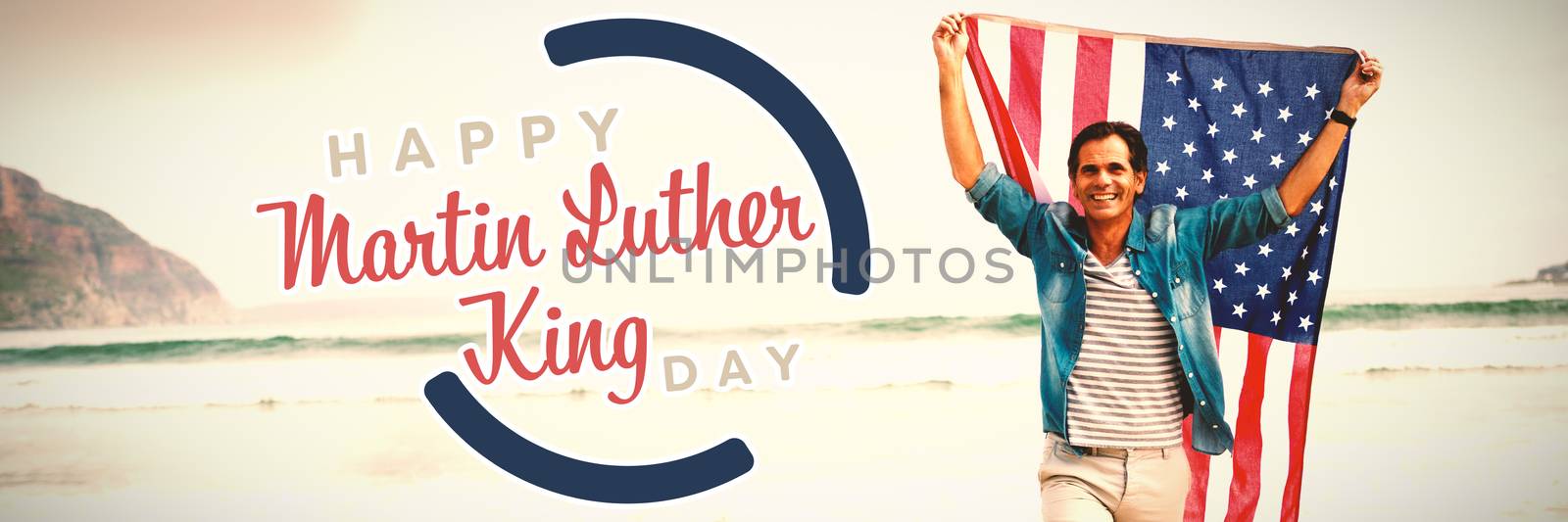 happy Martin Luther King day against full length of happy man carrying american flag 