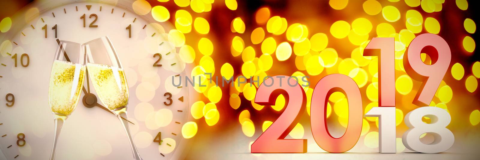 Digital composite image of numbers changing from old to new year against unfocused yellow christmas light