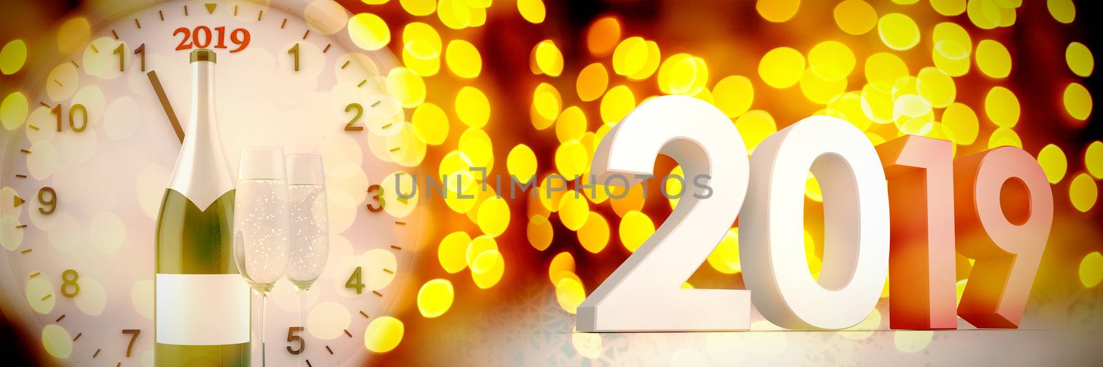 Digitally generated image of three dimensional numbers against unfocused yellow christmas light