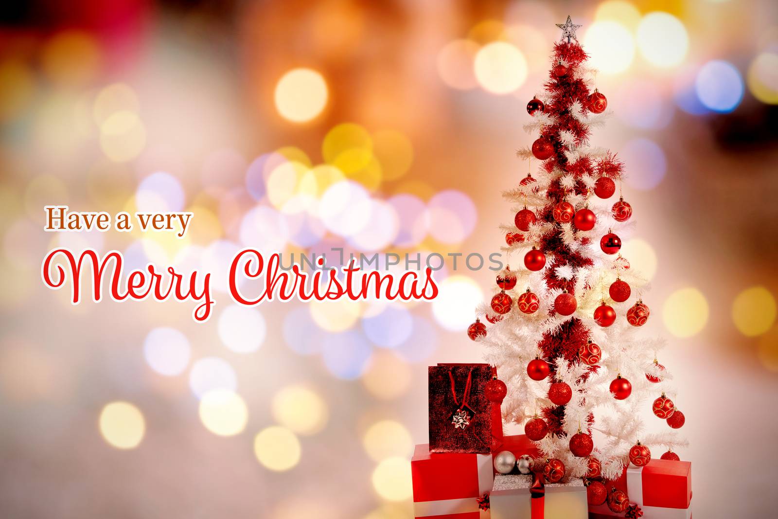 Christmas card against christmas yellow circle lights