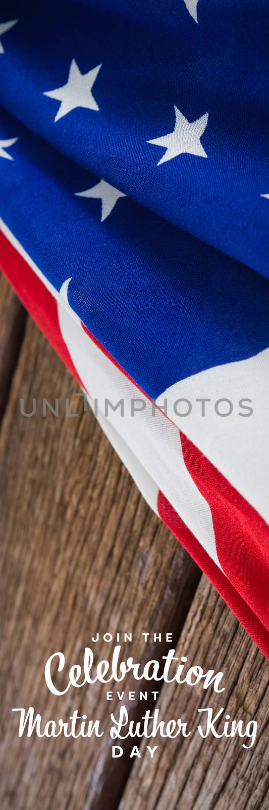 join the celebration event Martin Luther King Day against american flag on a wooden table
