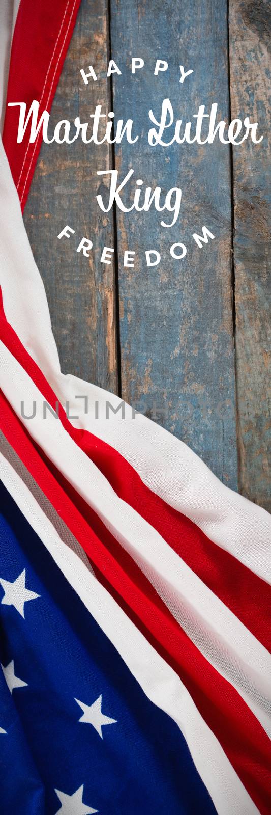 happy Martin Luther King freedom against american flag on a wooden table
