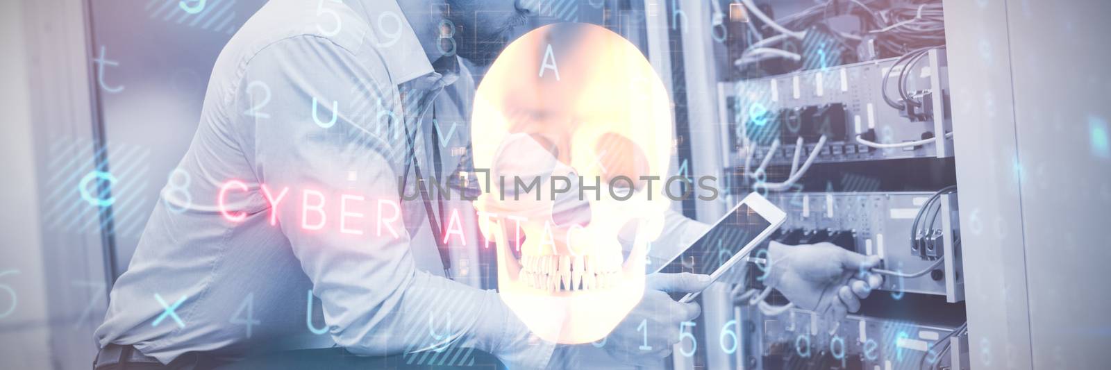 Virus background against orange human skull