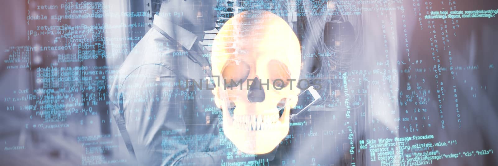 Composite image of binary codes against orange human skull