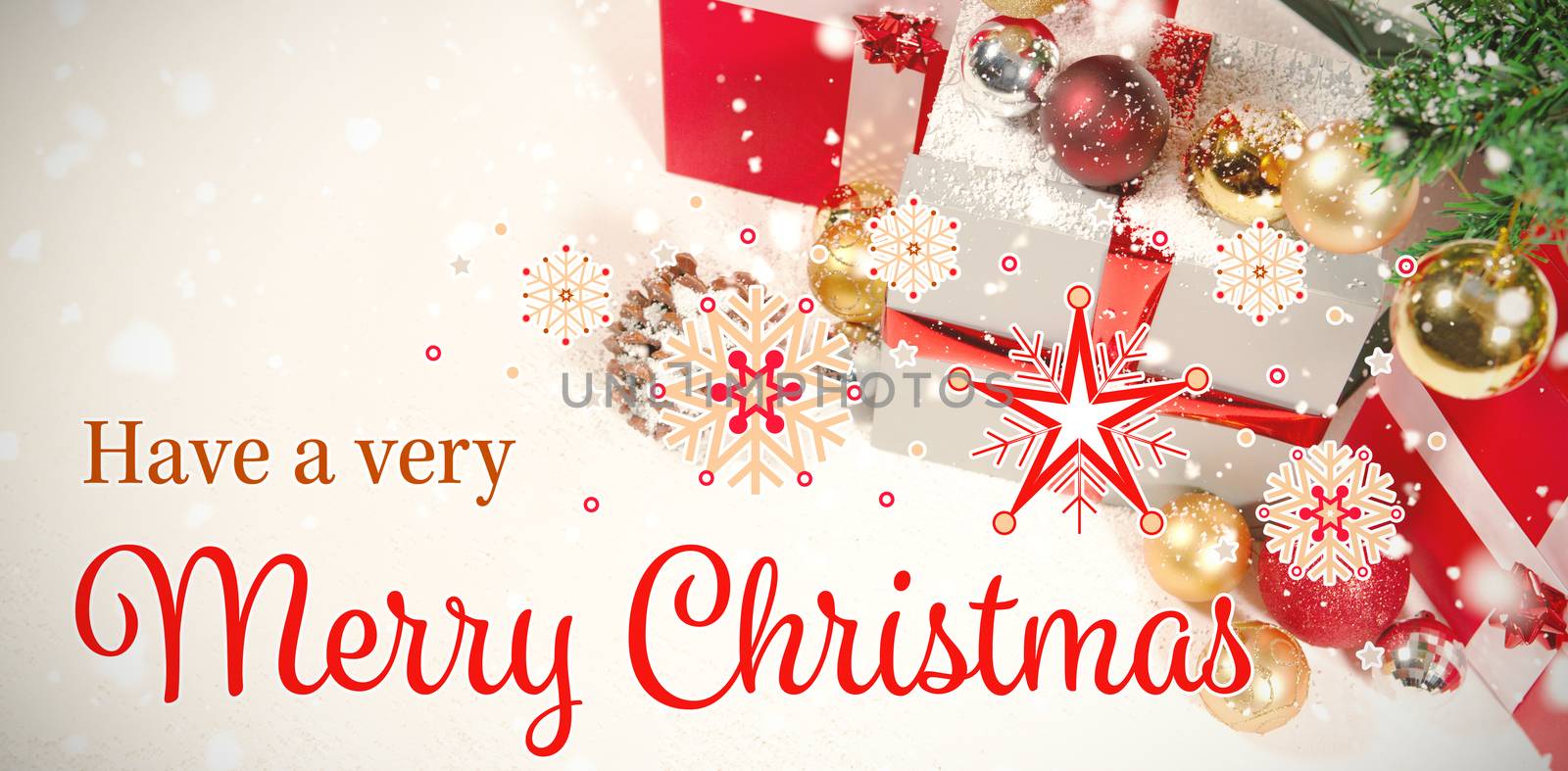 Christmas card against christmas gifts and decoration against white background