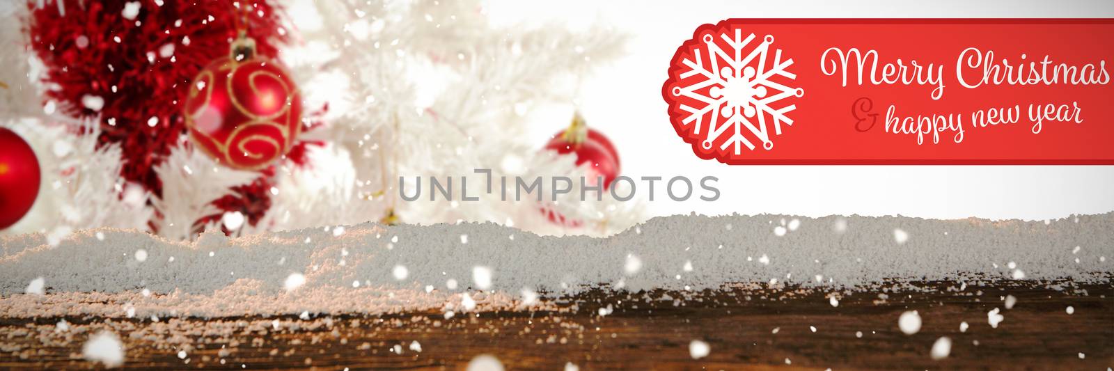 Banner Merry Christmas against red and white christmas decorations