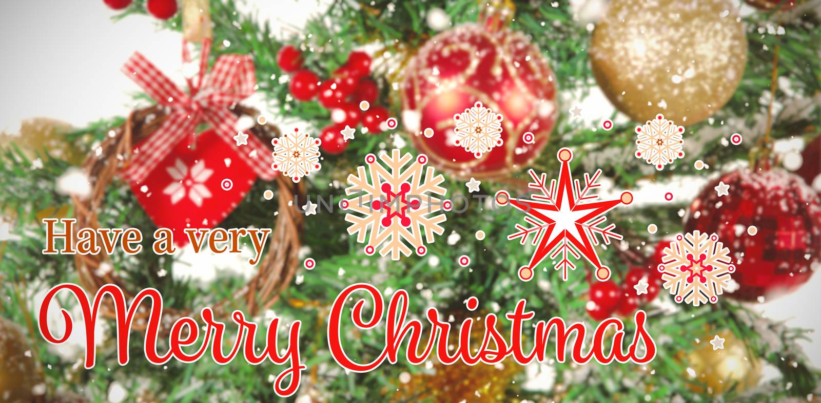 Christmas card against close-up of christmas tree with decorations