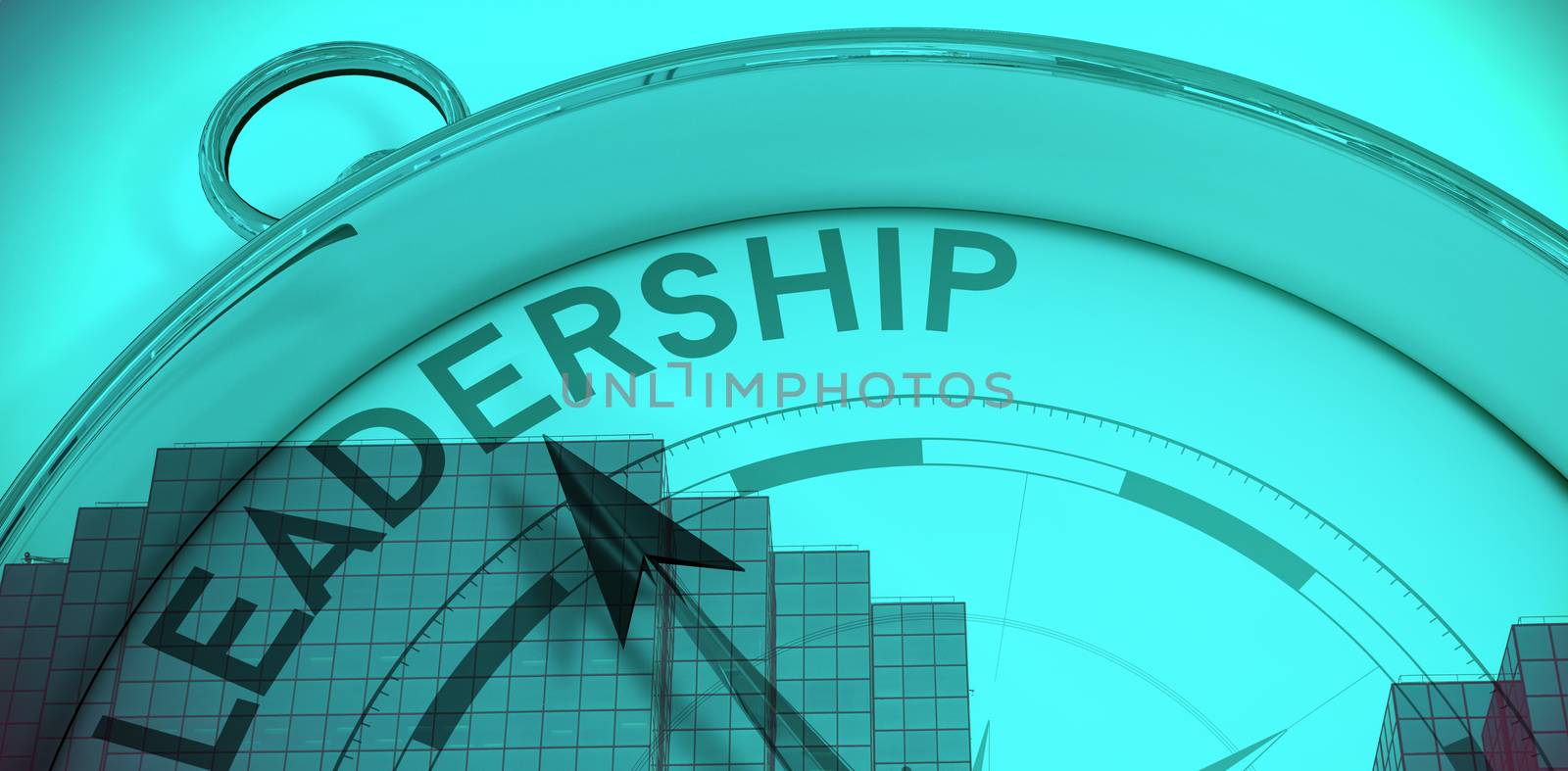 Compass pointing to leadership against low angle view of office building against blue sky