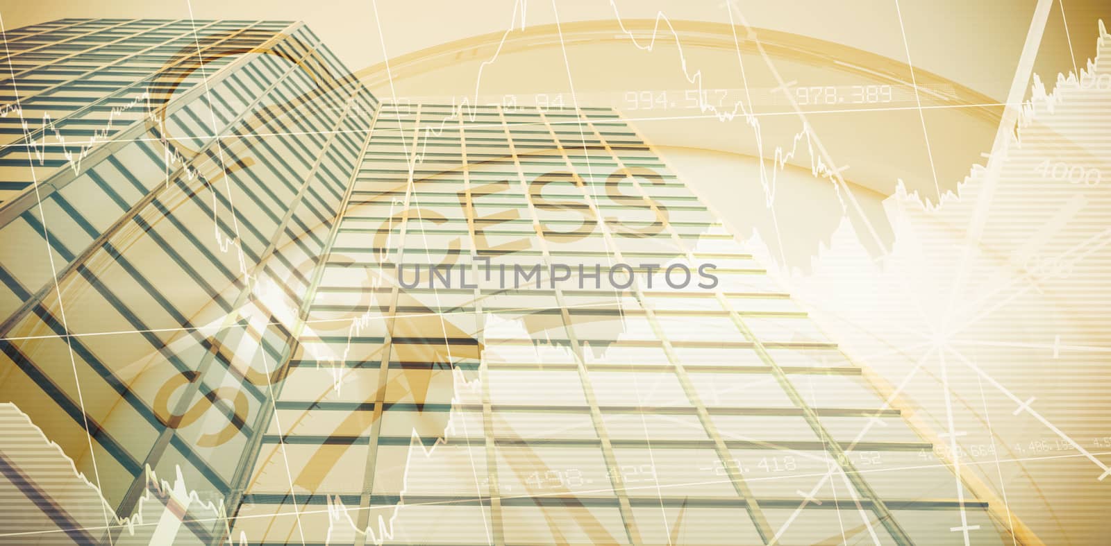 Success text with graphs and navigational compass against low angle close-up view of office building