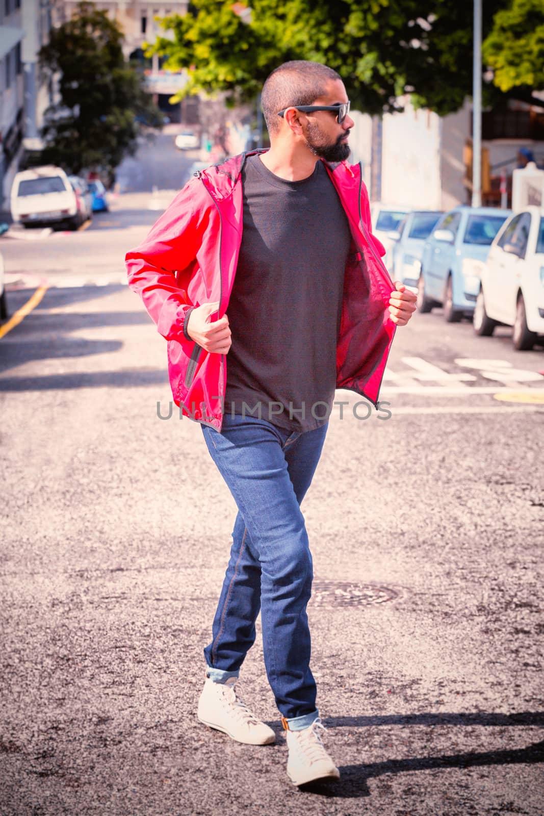 Hipster man with copy space blank t-shirt for your design