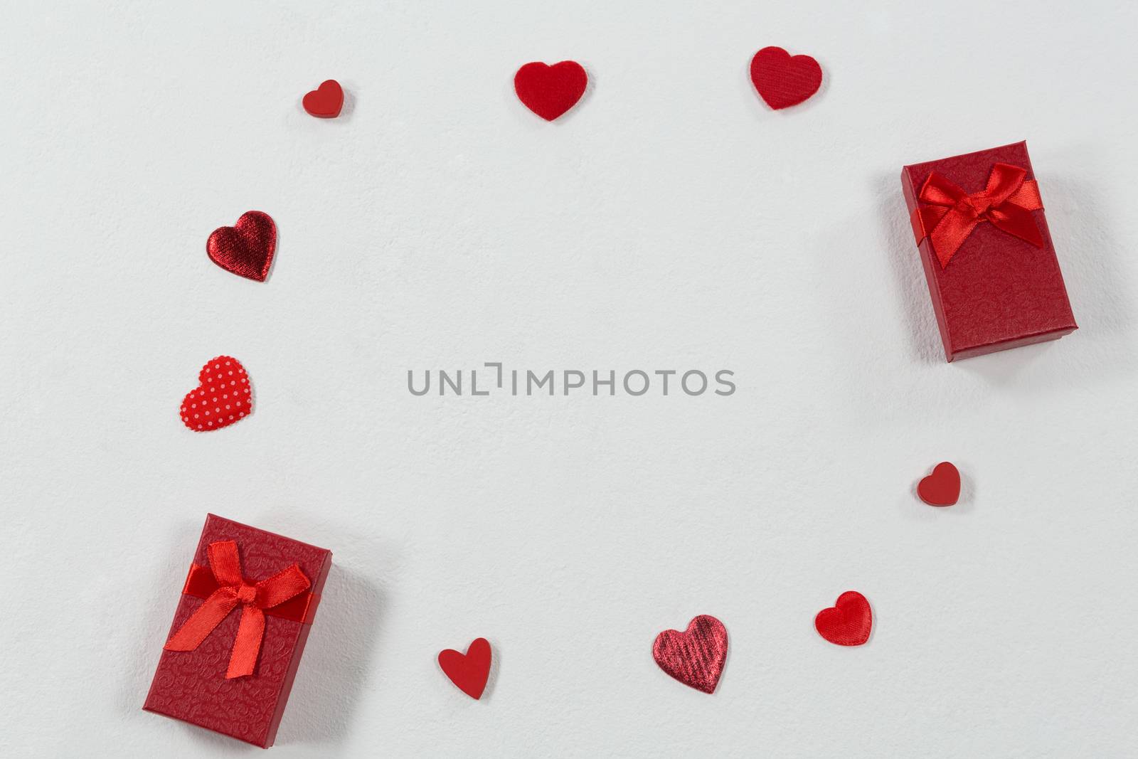Close-up of Valentine gifts and decorations on white background